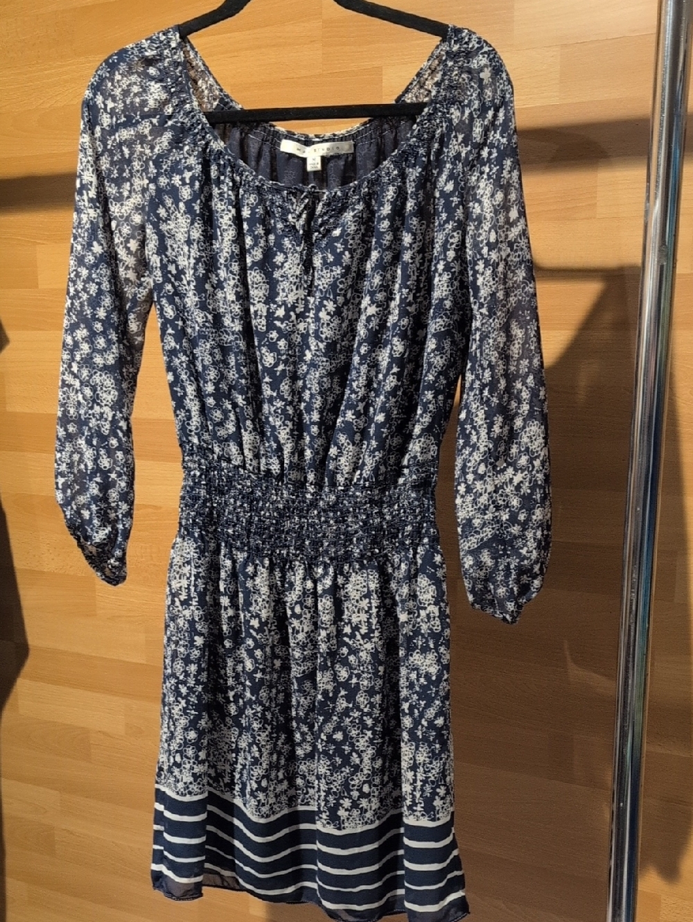 Max Studio Navy and Beige Floral Tie-Neck Blouse